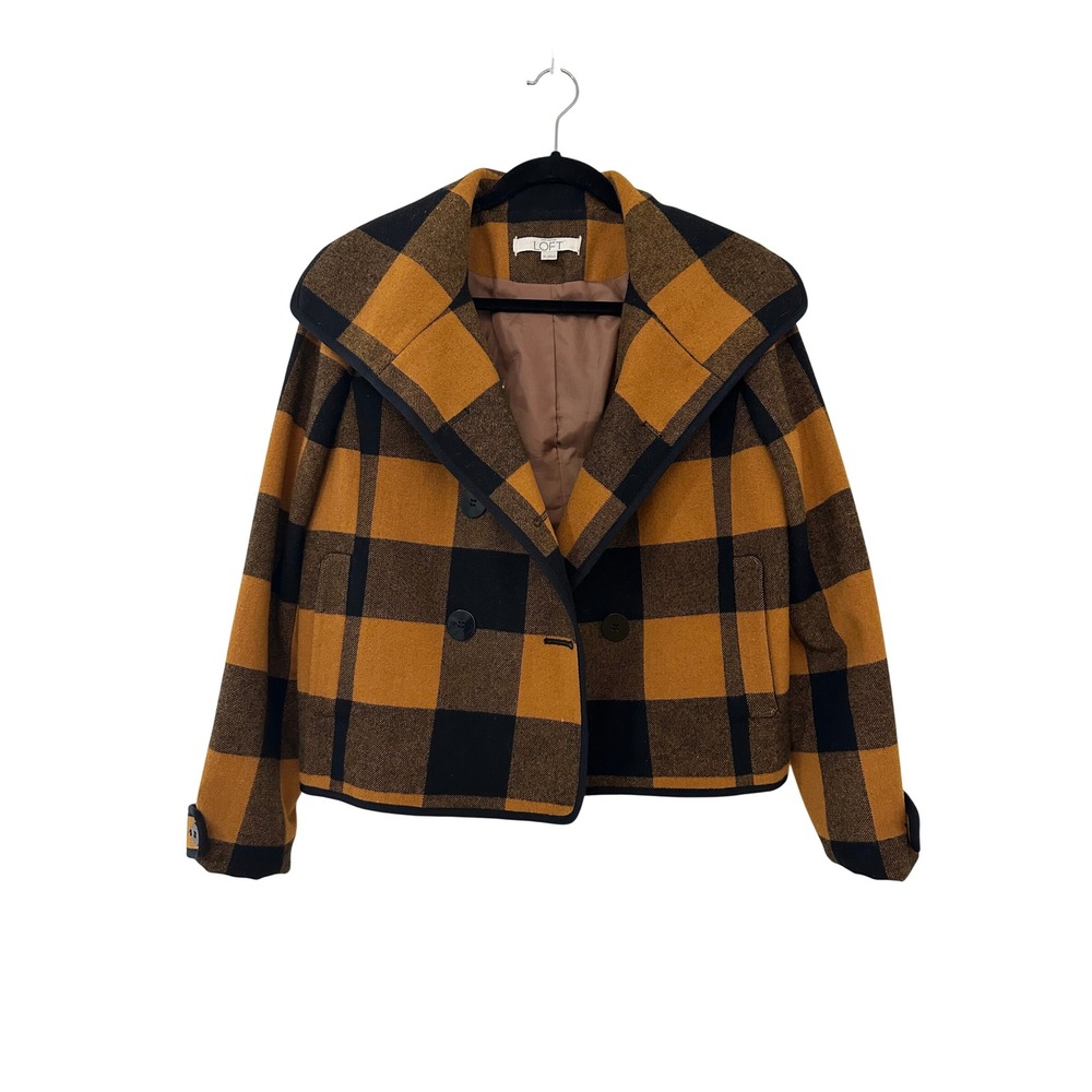 Ann Taylor LOFT Buffalo Plaid Wool Blend Cropped Pea Coat M Academic Preppy